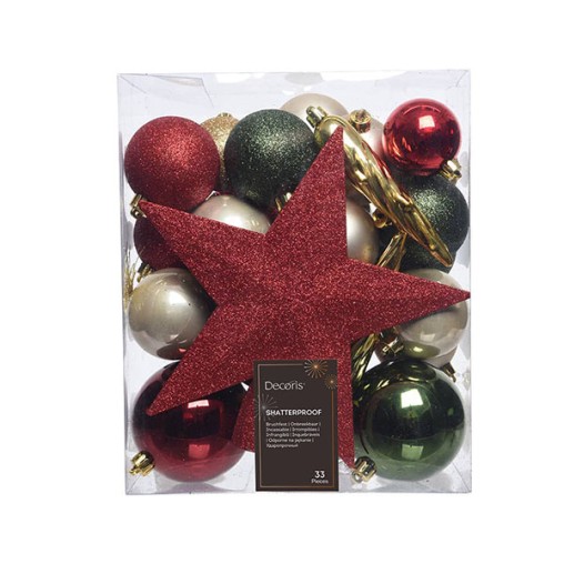  ADORNOS ARBOL 33 UD SURTIDOS VERDE-DORADO-ROJO