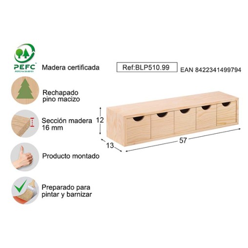 CAJONERA 5X1 PINO S/BARN - 57X13X12CM