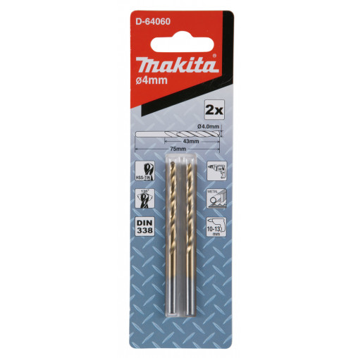 D-64060 Broca de metal HSS-TiN Economy, 4,0 x 43 / 75 mm, 2 pcs